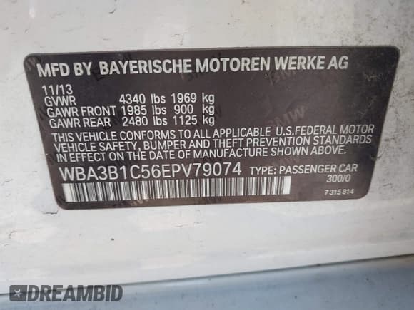 ✅ 2014 BMW 3 Series 320i • VIN: WBA3B1C56EPV79074 • Lot: 43348186. Listed on IAAI with 167,944 mi. Free auction sales archive from the USA and detailed vehicle history report at DreamBid. Image 9.