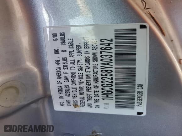 ✅ 2000 Honda Accord EX • VIN: 1HGCG2258YA037642 • Lot: 94565805. Listed on Copart with 151,657 mi. Free auction sales archive from the USA and detailed vehicle history report at DreamBid. Image 12.