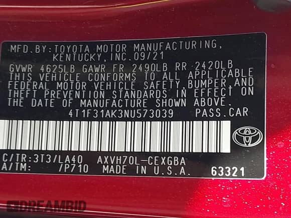 2022 Toyota Camry Hybrid XLE with VIN 4T1F31AK3NU573039, listed as a IAAI auction lot 42593982 with 39,779 mi miles and . Bid and sale history available at DreamBid. Image 9.