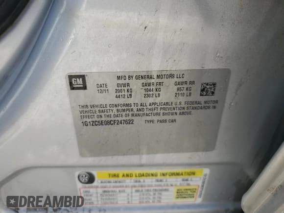 ✅ 2012 Chevrolet Malibu 1LT • VIN: 1G1ZC5E08CF247622 • Lot: 74765174. Wystawiony na Copart z przebiegiem 243 617 mil. Bezpłatny archiwum sprzedaży aukcyjnych z USA i szczegółowy raport historii pojazdu na DreamBid. Zdjęcie 12.
