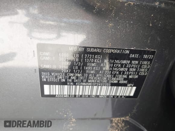 ✅ 2023 Subaru Ascent Touring • VIN: 4S4WMAWD3P3402355 • Lot: 42344573. Wystawiony na IAAI z przebiegiem 35 129 mil. Bezpłatny archiwum sprzedaży aukcyjnych z USA i szczegółowy raport historii pojazdu na DreamBid. Zdjęcie 9.