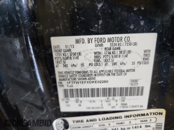 ✅ 2013 Ford F-150 FX4 • VIN: 1FTFW1EFXDKE02260 • Lot: 89867535. Listed on Copart with 140,319 mi. Free auction sales archive from the USA and detailed vehicle history report at DreamBid. Image 12.