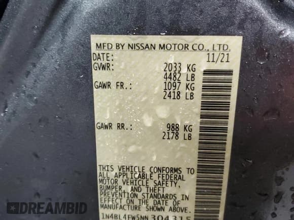 ✅ 2022 Nissan Altima Platinum • VIN: 1N4BL4FW5NN304315 • Lot: 85040974. Listed on Copart with 70,407 mi. Free auction sales archive from the USA and detailed vehicle history report at DreamBid. Image 13.