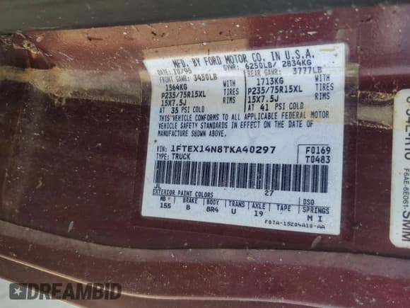 ✅ 1996 Ford F-150 • VIN: 1FTEX14N8TKA40297 • Lot: 71630905. Listed on Copart with 99,367 mi. Free auction sales archive from the USA and detailed vehicle history report at DreamBid. Image 12.