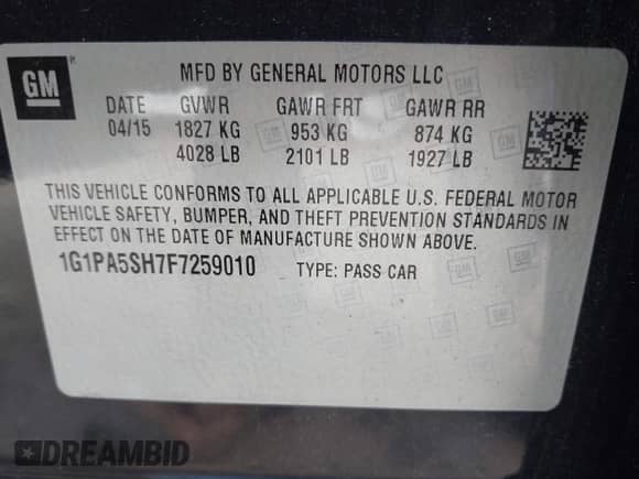 2015 Chevrolet Cruze LS z VIN 1G1PA5SH7F7259010, wystawiony jako IAAI lot #43609681 z przebiegiem 93 417 mil mil oraz . Historia ofert i sprzedaży dostępna na DreamBid. Obrazek 9.