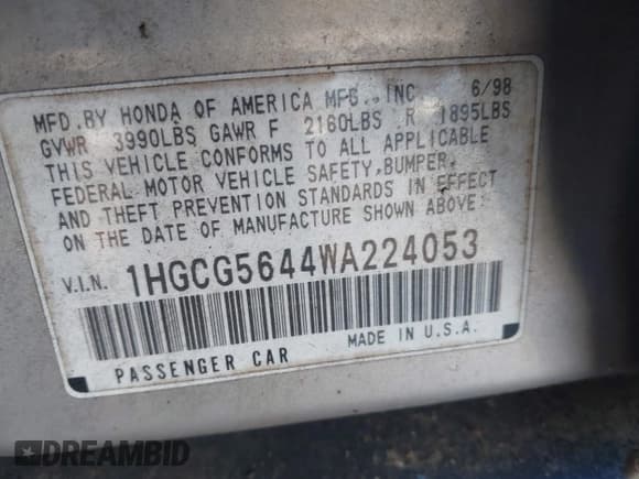 ✅ 1998 Honda Accord LX • VIN: 1HGCG5644WA224053 • Лот: 43892543. Опубликован ранее на IAAI с пробегом 184 040 миль. Бесплатный доступ к архиву аукционных продаж из США и подробный отчёт об истории автомобиля на DreamBid. Изображение 9.