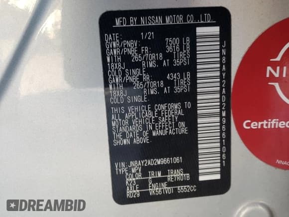 ✅ 2021 Nissan Armada SV • VIN: JN8AY2AD2M9661061 • Lot: 43980655. Listed on Copart with 71,041 mi. Free auction sales archive from the USA and detailed vehicle history report at DreamBid. Image 14.