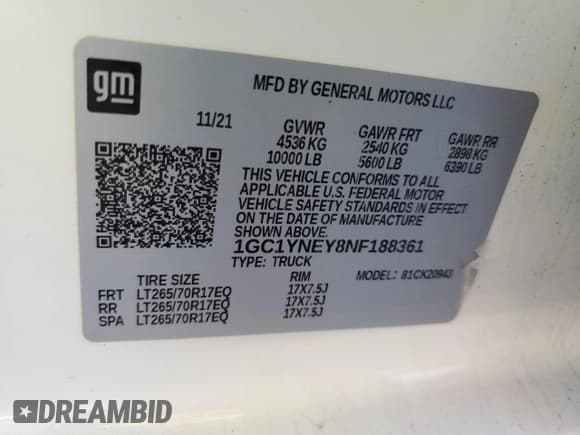 ✅ 2022 Chevrolet Silverado 2500HD LT • VIN: 1GC1YNEY8NF188361 • Lot: 47598255. Listed on Copart with 94,760 mi. Free auction sales archive from the USA and detailed vehicle history report at DreamBid. Image 12.