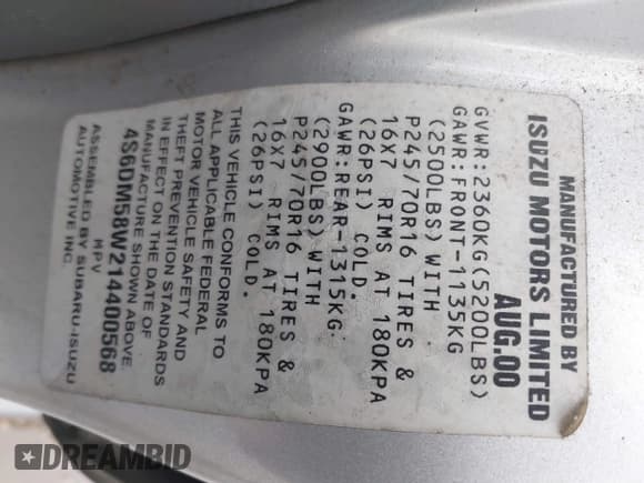 ✅ 2001 Honda Passport LX • VIN: 4S6DM58W214400568 • Lot: 43901495. Listed on IAAI with 125,005 mi. Free auction sales archive from the USA and detailed vehicle history report at DreamBid. Image 9.