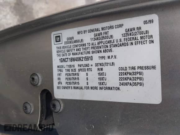 1999 Chevrolet Blazer LS with VIN 1GNCT18W4XK215910, listed as a IAAI auction lot 42775958 with 91,842 mi miles and . Bid and sale history available at DreamBid. Image 9.