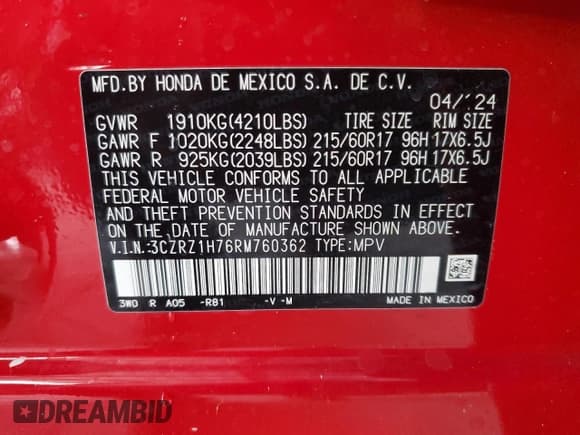 ✅ 2024 Honda HR-V EX-L • VIN: 3CZRZ1H76RM760362 • Lot: 80252135. Listed on Copart with 10,783 mi. Free auction sales archive from the USA and detailed vehicle history report at DreamBid. Image 13.