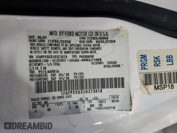 ✅ 2001 Ford Taurus SES • VIN: 1FAFP55U31G273818 • Lot: 70559095. Listed on Copart with 295,805 mi. Free auction sales archive from the USA and detailed vehicle history report at DreamBid. Image 12.