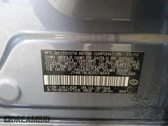 ✅ 2013 Lexus GS 350 • VIN: JTHBE1BL6D5018694 • Lot: 60806375. Listed on Copart with 138,272 mi. Free auction sales archive from the USA and detailed vehicle history report at DreamBid. Image 12.