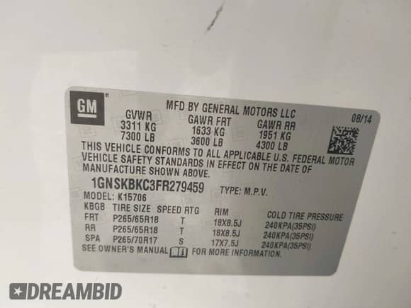 2015 Chevrolet Tahoe LT z VIN 1GNSKBKC3FR279459, wystawiony jako IAAI lot #43349972 z przebiegiem 112 043 mil mil oraz . Historia ofert i sprzedaży dostępna na DreamBid. Obrazek 9.