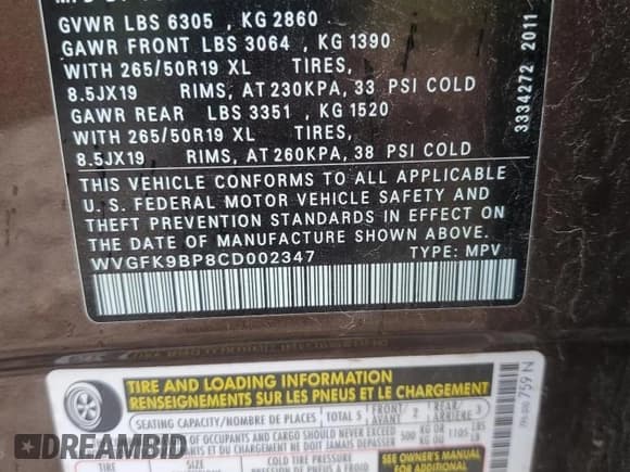 ✅ 2012 Volkswagen Touareg Sport • VIN: WVGFK9BP8CD002347 • Lot: 87015785. Listed on Copart with 127,068 mi. Free auction sales archive from the USA and detailed vehicle history report at DreamBid. Image 13.