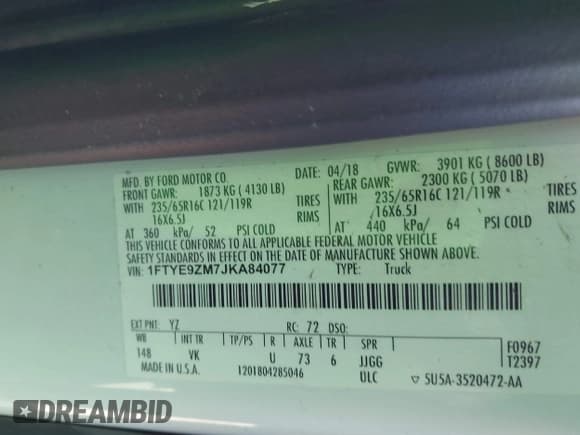 ✅ 2018 Ford Transit • VIN: 1FTYE9ZM7JKA84077 • Lot: 41468275. Listed on IAAI with 114,329 mi. Free auction sales archive from the USA and detailed vehicle history report at DreamBid. Image 9.