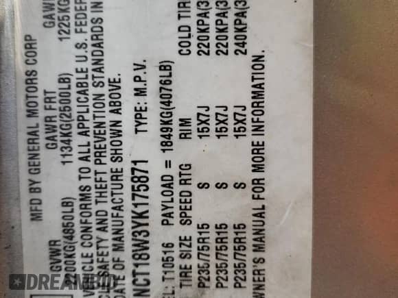 2000 Chevrolet Blazer LS z VIN 1GNCT18W3YK175871, wystawiony jako Copart lot #58230204 z przebiegiem Nie podano mil oraz Nie do naprawy • Non repairable. Historia ofert i sprzedaży dostępna na DreamBid. Obrazek 12.