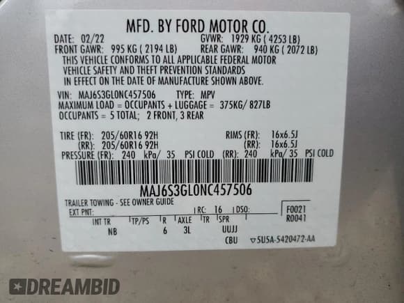 ✅ 2022 Ford EcoSport SE • VIN: MAJ6S3GL0NC457506 • Lot: 87379525. Wystawiony na Copart z przebiegiem 22 289 mil. Bezpłatny archiwum sprzedaży aukcyjnych z USA i szczegółowy raport historii pojazdu na DreamBid. Zdjęcie 12.