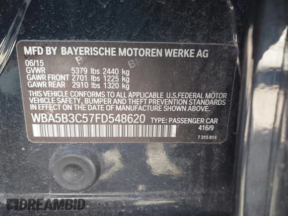 ✅ 2015 BMW 5 Series 535i xDrive • VIN: WBA5B3C57FD548620 • Lot: 43355015. Listed on IAAI with 47,705 mi. Free auction sales archive from the USA and detailed vehicle history report at DreamBid. Image 9.