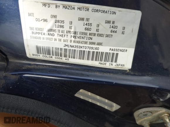 ✅ 1996 Mazda MX-5 Miata • VIN: JM1NA353XT0709160 • Lot: 41963107. Wystawiony na IAAI z przebiegiem 166 807 mil. Bezpłatny archiwum sprzedaży aukcyjnych z USA i szczegółowy raport historii pojazdu na DreamBid. Zdjęcie 9.