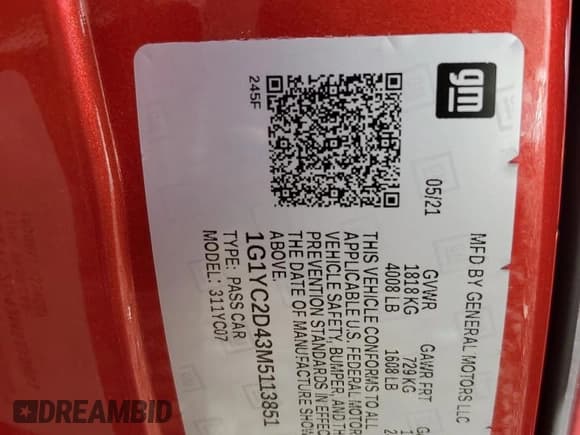 ✅ 2021 Chevrolet Corvette 3LT • VIN: 1G1YC2D43M5113851 • Lot: 53691975. Listed on Copart with 12,925 mi. Free auction sales archive from the USA and detailed vehicle history report at DreamBid. Image 12.