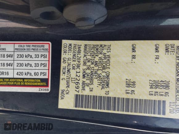 ✅ 2011 Nissan Altima SR • VIN: 1N4BL2EP3BC122697 • Лот: 42493977. Опубликован ранее на IAAI с пробегом 188 548 миль. Бесплатный доступ к архиву аукционных продаж из США и подробный отчёт об истории автомобиля на DreamBid. Изображение 9.