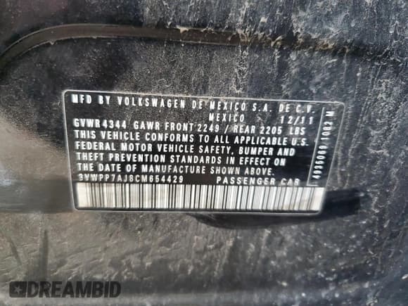 ✅ 2012 Volkswagen Jetta SE • VIN: 3VWPP7AJ8CM654429 • Lot: 69086705. Wystawiony na Copart z przebiegiem 175 316 mil. Bezpłatny archiwum sprzedaży aukcyjnych z USA i szczegółowy raport historii pojazdu na DreamBid. Zdjęcie 12.