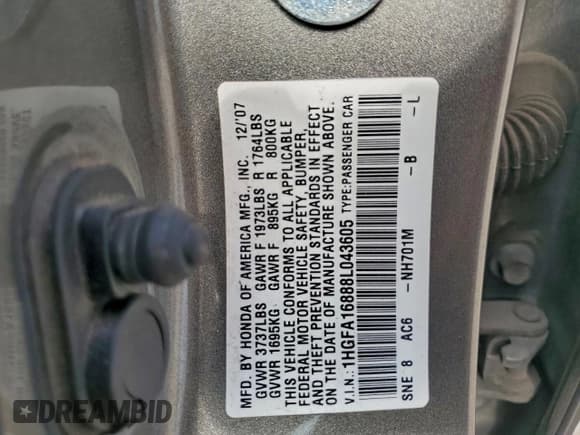 ✅ 2008 Honda Civic EX • VIN: 1HGFA16888L043605 • Lot: 94159135. Listed on Copart with 176,064 mi. Free auction sales archive from the USA and detailed vehicle history report at DreamBid. Image 12.