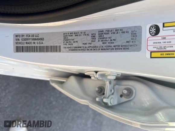 2022 Ram 1500 Lone Star с VIN 1C6SRFFT4NN464963, выставлен на аукционе Copart как лот 77888524 с пробегом 28 369 миль миль и На запчасти • Non repairable. История ставок и продаж доступна на DreamBid. Изображение 10.