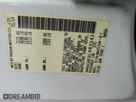 ✅ 2014 Nissan Maxima SV • VIN: 1N4AA5AP2EC483142 • Лот: 70559875. Опубликован ранее на Copart с пробегом Не указан. Бесплатный доступ к архиву аукционных продаж из США и подробный отчёт об истории автомобиля на DreamBid. Изображение 13.