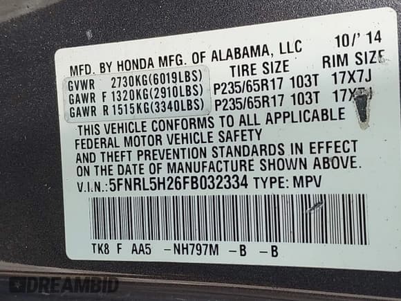 ✅ 2015 Honda Odyssey LX • VIN: 5FNRL5H26FB032334 • Lot: 42722152. Listed on IAAI with 117,539 mi. Free auction sales archive from the USA and detailed vehicle history report at DreamBid. Image 9.