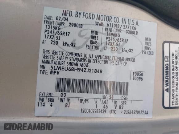 ✅ 2004 Lincoln Aviator Luxury • VIN: 5LMEU68H94ZJ31848 • Lot: 42979976. Listed on IAAI with 136,338 mi. Free auction sales archive from the USA and detailed vehicle history report at DreamBid. Image 9.