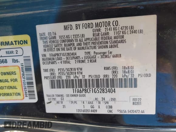 ✅ 2016 Ford Mustang GT • VIN: 1FA6P8CF1G5283404 • Lot: 43431853. Listed on IAAI with 130,158 mi. Free auction sales archive from the USA and detailed vehicle history report at DreamBid. Image 9.