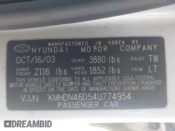 ✅ 2004 Hyundai Elantra GLS • VIN: KMHDN46D54U774954 • Lot: 43504410. Listed on IAAI with 40,462 mi. Free auction sales archive from the USA and detailed vehicle history report at DreamBid. Image 9.