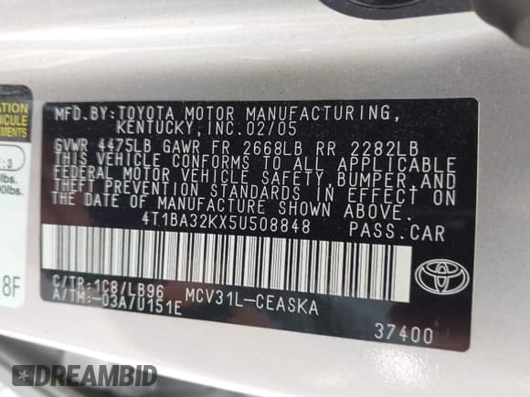 ✅ 2005 Toyota Camry SE • VIN: 4T1BA32KX5U508848 • Lot: 42973591. Listed on IAAI with 198,580 mi. Free auction sales archive from the USA and detailed vehicle history report at DreamBid. Image 9.