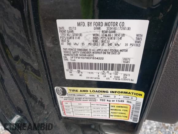 ✅ 2013 Ford F-150 Platinum • VIN: 1FTFW1EF8DFB34222 • Lot: 43340500. Listed on IAAI with 223,324 mi. Free auction sales archive from the USA and detailed vehicle history report at DreamBid. Image 9.