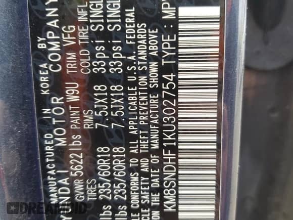 2019 Hyundai Santa Fe SE with VIN KM8SNDHF1KU302754, listed as a Copart auction lot 90800155 with 162,192 mi miles and Clean title. Bid and sale history available at DreamBid. Image 13.