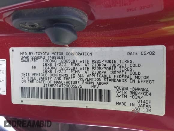 2002 Toyota Highlander с VIN JTEHF21A720085275, выставлен на аукционе IAAI как лот 43326633 с пробегом 193 098 миль миль и . История ставок и продаж доступна на DreamBid. Изображение 9.