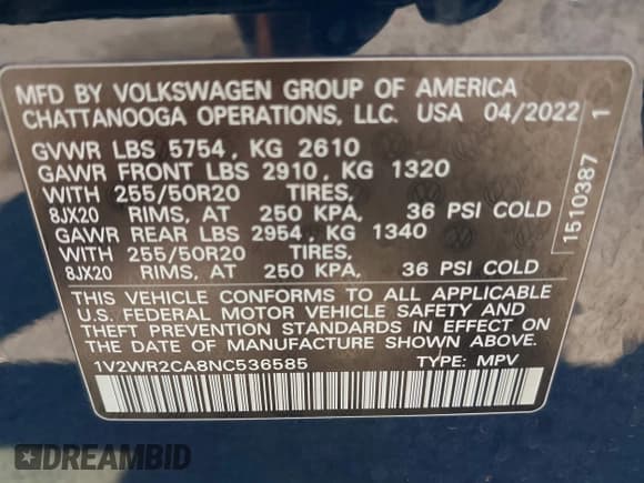 ✅ 2022 Volkswagen Atlas SE • VIN: 1V2WR2CA8NC536585 • Lot: 42950553. Listed on IAAI with 38,621 mi. Free auction sales archive from the USA and detailed vehicle history report at DreamBid. Image 9.
