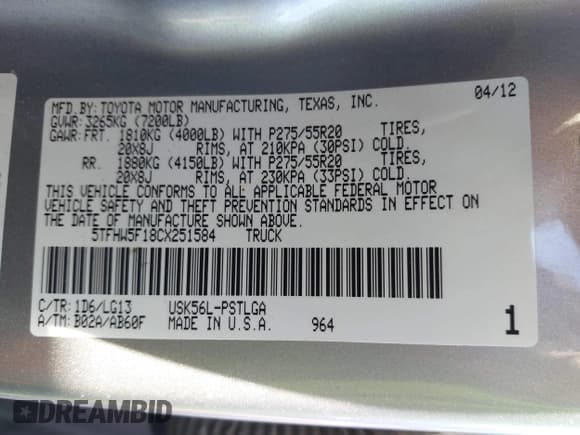 ✅ 2012 Toyota Tundra Limited • VIN: 5TFHW5F18CX251584 • Lot: 41054238. Wystawiony na IAAI z przebiegiem 124 892 mil. Bezpłatny archiwum sprzedaży aukcyjnych z USA i szczegółowy raport historii pojazdu na DreamBid. Zdjęcie 9.