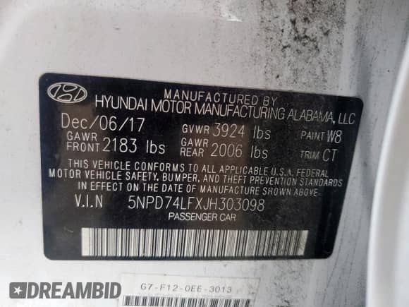 2018 Hyundai Elantra SE with VIN 5NPD74LFXJH303098, listed as a Copart auction lot 58597905 with 49,813 mi miles and Salvage title. Bid and sale history available at DreamBid. Image 13.