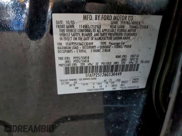 ✅ 2006 Ford Five Hundred Limited • VIN: 1FAFP25126G130449 • Лот: 95969935. Опубликован ранее на Copart с пробегом Не указан. Бесплатный доступ к архиву аукционных продаж из США и подробный отчёт об истории автомобиля на DreamBid. Изображение 12.