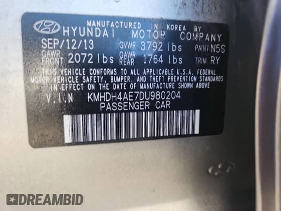 2013 Hyundai Elantra GLS с VIN KMHDH4AE7DU980204, выставлен на аукционе Copart как лот 89831035 с пробегом 168 490 миль миль и Чистый • Clean title. История ставок и продаж доступна на DreamBid. Изображение 12.