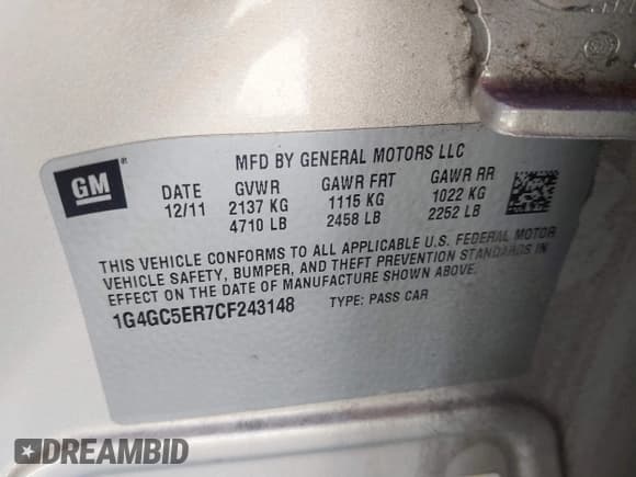 ✅ 2012 Buick LaCrosse Leather • VIN: 1G4GC5ER7CF243148 • Lot: 41854253. Listed on IAAI with Not provided. Free auction sales archive from the USA and detailed vehicle history report at DreamBid. Image 9.