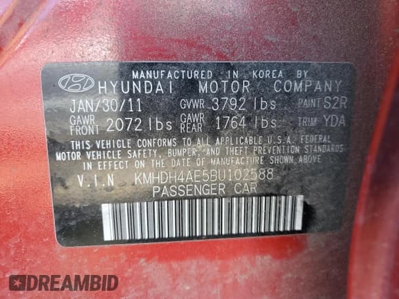 ✅ 2011 Hyundai Elantra GLS • VIN: KMHDH4AE5BU102588 • Lot: 90346135. Listed on Copart with Not provided. Free auction sales archive from the USA and detailed vehicle history report at DreamBid. Image 12.