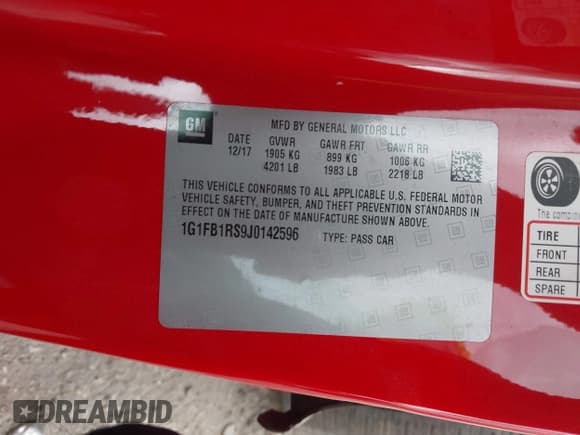 ✅ 2018 Chevrolet Camaro 1LT • VIN: 1G1FB1RS9J0142596 • Lot: 42511433. Listed on IAAI with 72,100 mi. Free auction sales archive from the USA and detailed vehicle history report at DreamBid. Image 9.