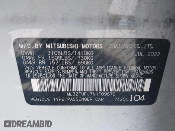 ✅ 2022 Mitsubishi Mirage ES • VIN: ML32FUFJ7NHF09676 • Lot: 42298981. Listed on IAAI with 50,026 mi. Free auction sales archive from the USA and detailed vehicle history report at DreamBid. Image 9.