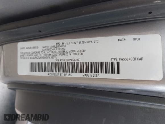 ✅ 2009 Subaru Legacy Limited • VIN: 4S3BL626297224900 • Лот: 43096237. Опубликован ранее на IAAI с пробегом 158 029 миль. Бесплатный доступ к архиву аукционных продаж из США и подробный отчёт об истории автомобиля на DreamBid. Изображение 9.