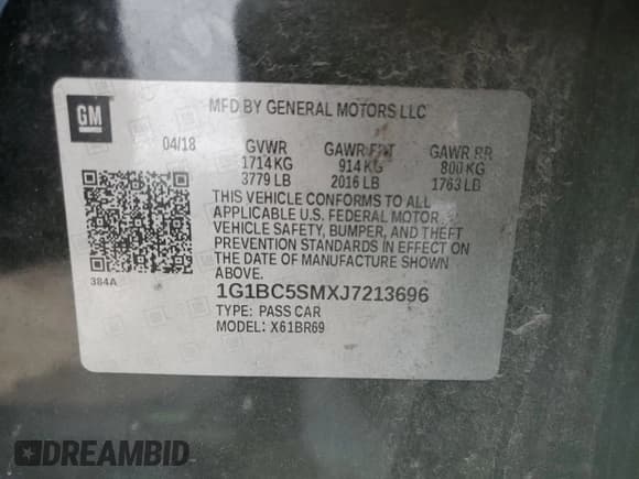 ✅ 2018 Chevrolet Cruze LS • VIN: 1G1BC5SMXJ7213696 • Lot: 47322473. Listed on Copart with 87,917 mi. Free auction sales archive from the USA and detailed vehicle history report at DreamBid. Image 12.