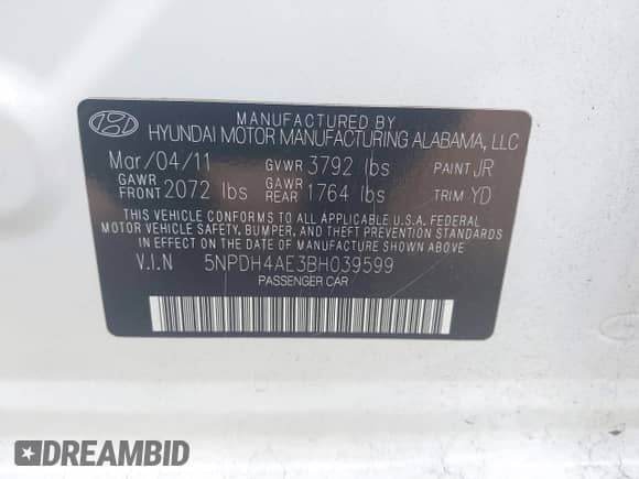 2011 Hyundai Elantra GLS with VIN 5NPDH4AE3BH039599, listed as a IAAI auction lot 42999511 with 185,916 mi miles and . Bid and sale history available at DreamBid. Image 9.